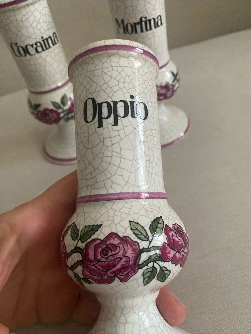 Rare Set of 3 Vintage Herr Keramik German Apothecary Jars Cocaina Morfina Oppio - Picture 8 of 14